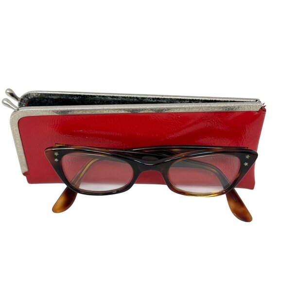 Vintage Womens Cats Eye Glasses +Case Brown Tortoiseshell Plastic Frames Bifocal - Picture 2 of 8